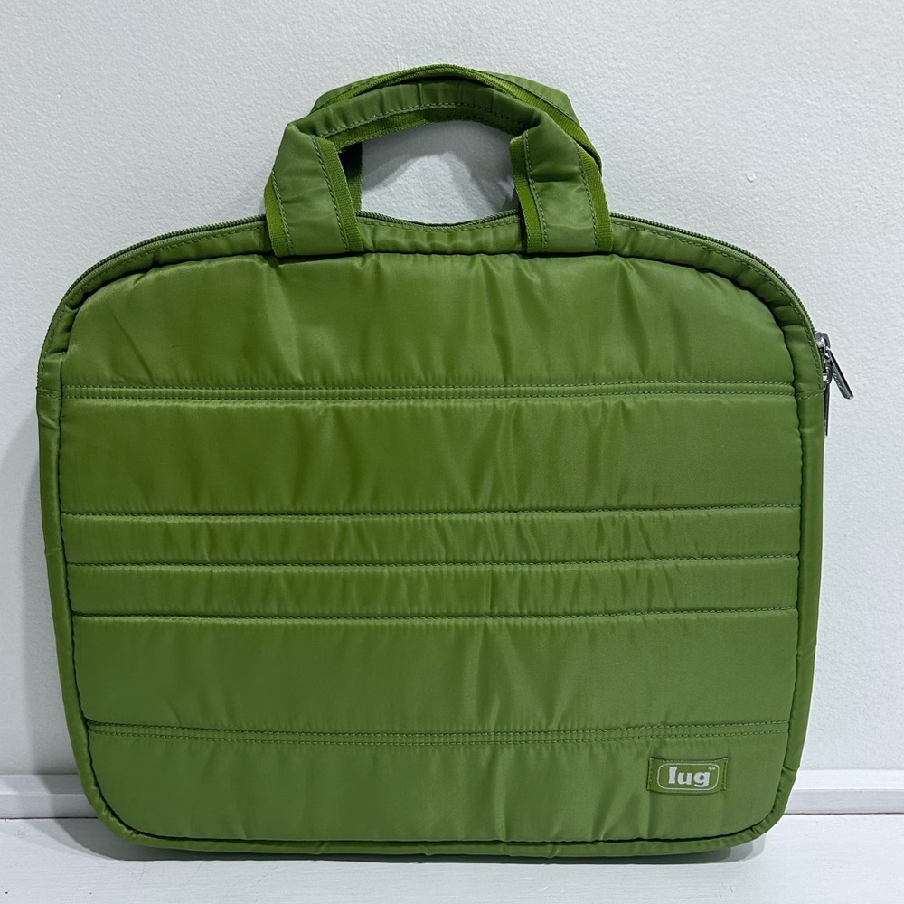 Lug 13” Padded Laptop Carry Case Green Quilted Zip Briefcase Bag